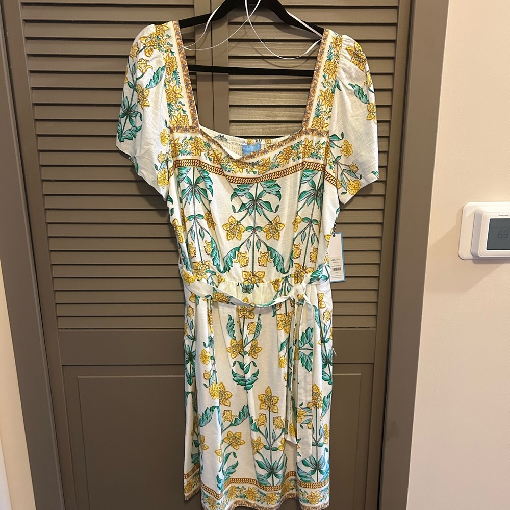 Draper James White Midi Dress with Yellow & Teal Floral Print